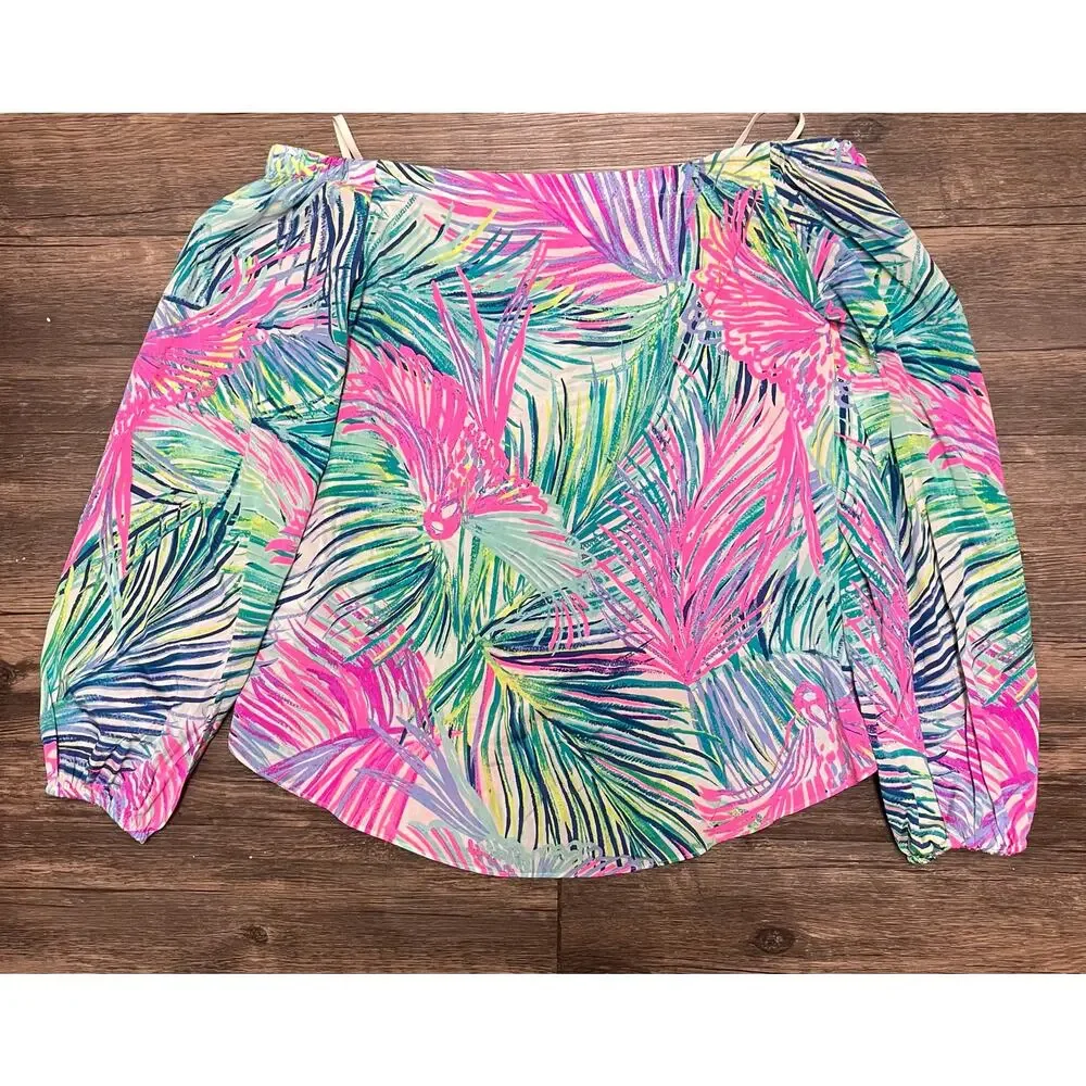 Lilly Pulitzer Adira Silk Off Shoulder Top XS Parrot Tropical Coastal Resort - Picture 7 of 10